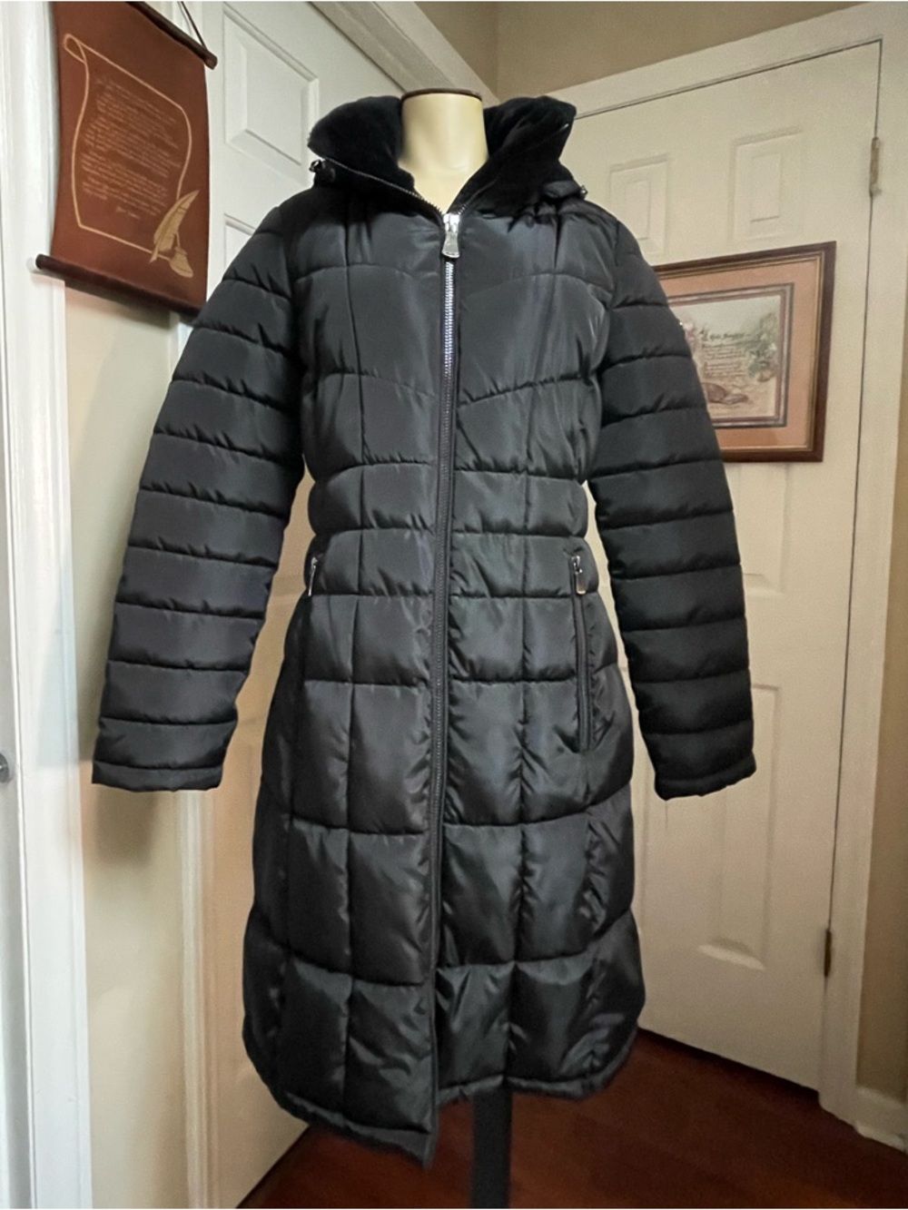 Calvin Klein Black Quilted Hooded Long Puffer Coat with warm fur collar and hood